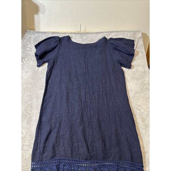 Bellambia 100% Linen Dress Size 2X Plus Short Sleeve Navy Blue Crochet Hem Boho - Picture 14 of 14
